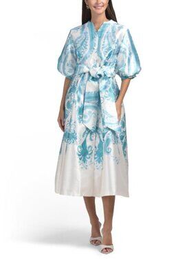 NANCY YANG Puff Sleeve Paisley Mikado Dress